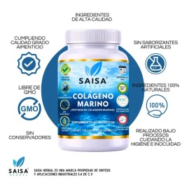 Peptidos de Colágeno Marino Hidrolizado 120 Cáps | Suplemento Alimenticio | Saisa Herbal | Piel, Articulaciones y Uñas | Antiedad y Belleza