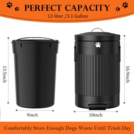 Kopuncare Dog Poop Trash Can Outside, 12L/3.1Gal Metal Dog Waste Trash Can with Lid, Foot Pedal, Waste Container with 40 Bags, Pet Poop Bucket with Lid Soft Close for Pet, Round Black Can