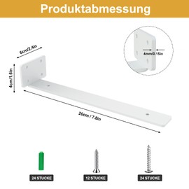 JYiuog Pack of 6 Shelf Brackets, Floating Invisible L Shelf Brackets, Shelf Brackets for Wall Mounting (White, 20 cm (4 mm Thick))