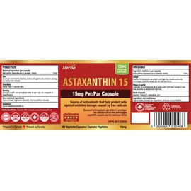 Herba Astaxanthin Supplement 15mg – 60 Vegetable Capsules | Made with Non-GMO Micro-algae | Source of Antioxidant | Made and Third Party Tested in Canada