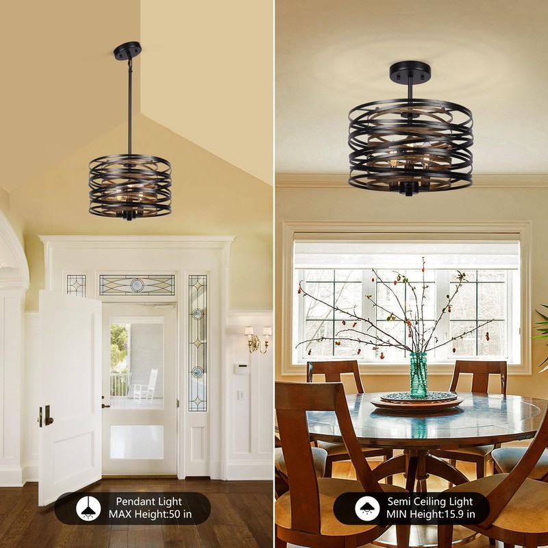 Sigaitwei 3-Light Dining Room Chandelier，12.6" Rustic Black Drum Chandeliers，Wood Grain