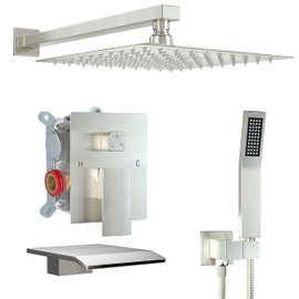 ShiureBath 12 Inch Shower Faucet Set with Tub Spout Bathroom Shower System with 12 Inch Rain Shower head and Handheld Shower Head Set, Brushed Nickel