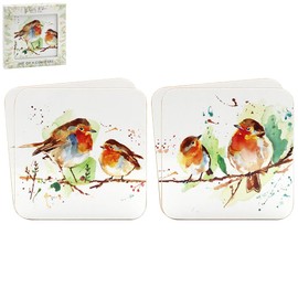 Colour Full Double Winter Robins Sitting on a Branch Set of 4 Coasters, Home,Decoration,