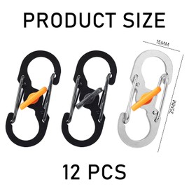 Pack of 12 Mini Carabiner Keychains, Zipper Anti-Theft Buckle, Backpack Carabiner, Keychain Hook, Carabiner Clip (Black, White, All Black)