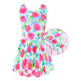 Traje de baño para niñas, de una pieza, sin mangas, con falda, vestido de baño de verano con protección solar UPF 50+, Rosa Blanco Verde, 4-5T