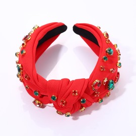 HSWE Grehge and Crystal Knotted Headbands for Women Girls Red Green Rhinestone Jeweled Embellished Wide Top Knot Hairband Xmas Holiday Party Hair Accessories