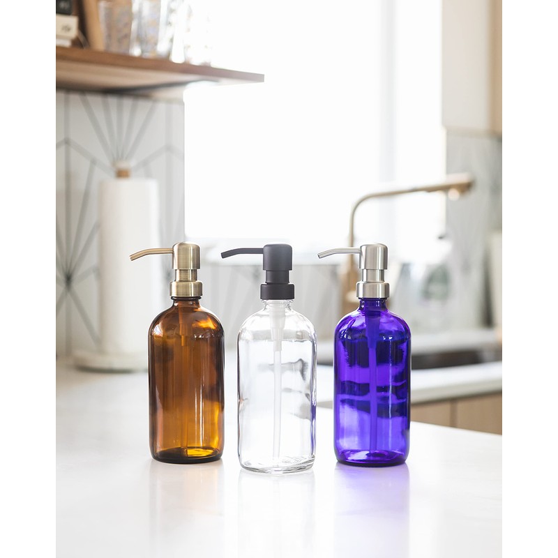 Amber Glass Bottle Soap and Lotion Dispenser with Brass Pump