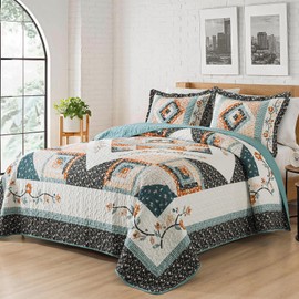 TWINRUN Cotton King Quilt Bedding Set, King Size Quilt Set for Bed, Soft Reversible Plaid Floral bedspreads Coverlet Sets for Farmhouse