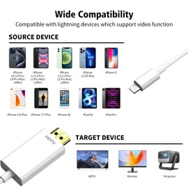 DERSUR Lightning to HDMI Cable 13.2FT Phone to HDMI Adapter 1080P HD with Digital AV Sync iOS Compatible with Phone 14, 13, 12, 11 & YouTube TV Output for TV Monitor Projector White Cable