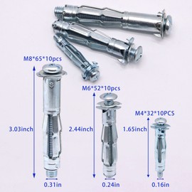 BENLIUDH Hollow Wall Anchors with Screws Heavy Duty, Carbon Steel Zinc Plated Molly Bolts Wall Anchors for Drywall Plaster Walls M4 M6 M8 Assortment Kit (30 Pcs)