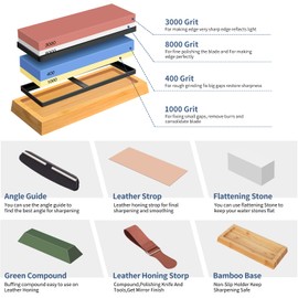 Knife Sharpening Stone Kit, 4 Side Grit 400/1000 3000/8000 Whetstone, Professional Whetstone Knife Sharpener Set Includes Polishing Compound, Bamboo Base, Flattening Stone, Leather Strop & Angle Guide