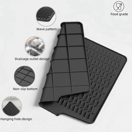 Silicone Dish Drying Mat for Kitchen Counter, Non-Slip Dish Drainer Mat with Built-in Drain, Dish Drying Tray for Countertop, Dish Drain Board for Kitchen Sink (Black, 16''X13'')