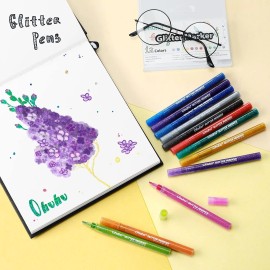 Ohuhu 12 Glitter Colors Markers Pen Fine Tip Water-based Ink for Kids Adults DIY
