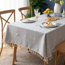Embroidered Rectangular Tablecloth Plaid Rustic Wrinkle-Free Fabric Tablecloth for Kitchen Dining Party Holiday, Grey Plaid, 140 x 180 cm
