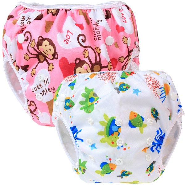 Teamoy 2 baby swimming trunks, comfortable, washable and adjustable, ideal for swimming lessons or holidays Monkeys Pink+ Sea World