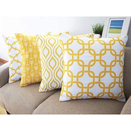 TIDWIACE Set of 4 Decorative Linen Cushion Covers 45 x 45 cm Geometric Art Decor Pillow Case Yellow Cushion Cover 18x18 inches for Outdoor Garden Home Office Sofa Bedroom Car Decor