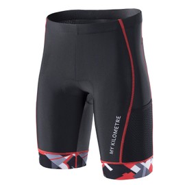 MY KILOMETRE Mens Triathlon Shorts with Adjustable Drawstring Easy Reach Leg Pockets Chamois for Long-Distance Tri Race Black-red
