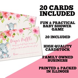 Amanda Creation Watercolor Dahlia Floral Elephant Diaper Raffle Tickets for Girl Baby Showers, 20 2" X 3” Double Sided Inserts, Bring a Pack of Diapers to Win Favors & Prizes!