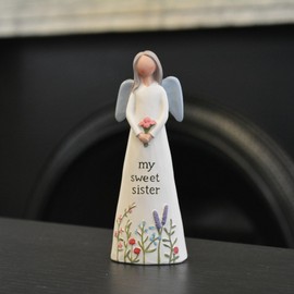 Blossom Bucket Feather & Grace Angel Hand Painted Resin Decorative Figurine Resin with My Sweet Sister Message | Pefect Decortation for Living Room, Bookshelf, Desk