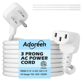 Adoreen - Cable de alimentación de repuesto de TV para computadora de 6 pies, color blanco, enchufe plano de perfil bajo a ángulo de 90 grados en forma de L, 18 AWG, cable de alimentación universal de