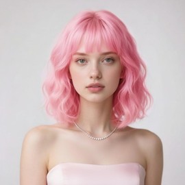 SUKRI Pink Bob Wigs for Women Natural Wavy Wigs with Bangs 12 Inch Short Shoulder Length Synthetic Colored Wig for Cosplay Halloween Daily