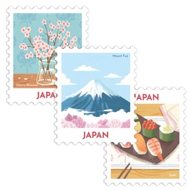 Navy Peony Japan Magnet Set - Hand-Illustrated Postage Stamp-Style Fridge Magnets, 5 x 6 cm, Set of 3