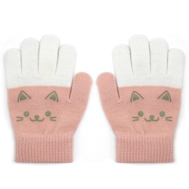 ALLY-MAGIC Kids Gloves, Cute Knit Gloves for Winter, Stretchy Kids Mittens, Full Finger Gloves for Kids, Fluffy Warm Kids Knit Gloves for Boys Girls Y9PSETST (Pink & White)