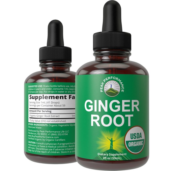 USDA Organic Ginger Root Extract Liquid Drops. Zero Sugar, Non