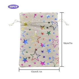 Jute Burlap Bags, 20PCS Burlap Bag with Drawstring, Hessian Gift Bags, Star Print Linen Burlap Bag Mini Gift Bags for Wedding Birthday Party DIY Craft 13x18cm