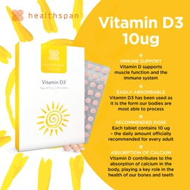 Healthspan Vitamin D3 10µg (8 Months' Supply) | Support Your Immune Health & Promotes Healthy Bones, Teeth & Muscles | Vegetarian
