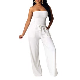 ECDAHICC Women's Tube Top Romper Casual Off Shoulder Solid Color Strapless Pleated Belted Wide Leg Jumpsuit with Pockets(WH-S)