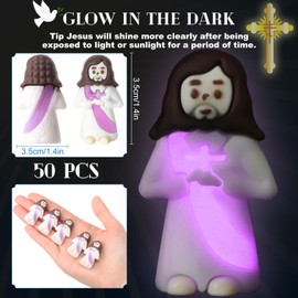 CroBlissful 50 Pcs Glow in The Dark Mini Jesus Figurines Bulk, Luminous Little Pocket Jesus Toys, Christian Church Gifts for Grandparents Day, Pastor Appreciation, Thanksgiving, Christmas (Purple)
