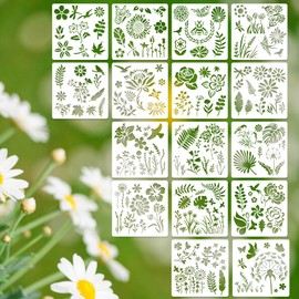 16 Sets Wildflower Stencils for Painting on Wood, 168 pcs Small Plants Including Flower Grass Birds Butterfly Bee Reusable Templates for Scrapbooking Drawing Card Making 6"x6"