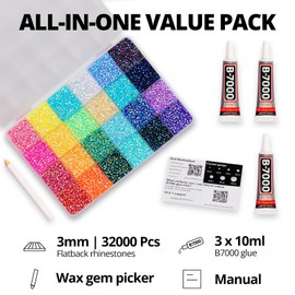 32000Pcs 3mm Rainbow Jelly Rhinestones Gems for Bedazzling Crafting, Colorful Bedazzled Resin Gemstone Flatback Jewel, SS10 Multi Colored Bedazzler Kit with B7000 Glue for Book Clothes Crafts Clothing