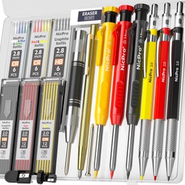 Nicpro 18 Pack Carpenter Pencils Mechanical, Construction Pencils with 60 Refill, Automatic Center Punch and Carbide Scribe Tool, 2.0mm Mechanical Pencil for Woodworking, Best Carpenters Marking Tool