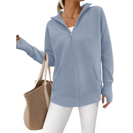 PRETTYGARDEN Womens Fall 2025 Long Sleeve Zip Up Cardigan Sweaters Casual Loose Collared Ribbed Knit Tops Jackets Thumb Hole, Grey, Small