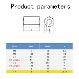 M16-2 x 49mm Long Rod Metric Hex Coupling Galvanized Carbon Steel Hex Threaded Rod Coupler for Furniture, Electronic, Industrial 2 Pcs