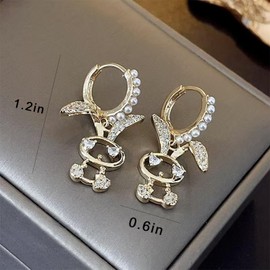 Easter Bunny Earrings for Women Gold Pearl Heart Dangle Earrings Cubic Zirconia Cute Rabbit Stud Earrings Freshwater Pearl Rhinestone Huggie Earrings Fine Sparkling Jewelry Accessories, NO, Stainless