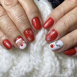 Christmas Press on Nails Short Almond Winter Fake Nails Red Full Cover Santa Claus False Nails with Snow Elk Designs Glossy Glue on Nails Cure Acrylic Manicure Artificial Nails for Women Girls 24Pcs