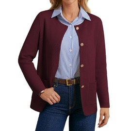 GRACE KARIN Burgundy Cardigan for Women Dressy Knit Sweater Blazer Casual Button Up Sweatshirt Jacket with Pockets