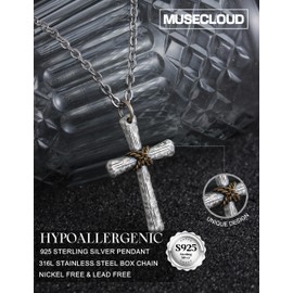 MUSECLOUD 925 Sterling Silver Cross Necklace for Men Non Tarnish 316L Stainless Steel Chain Nail Cross Necklace Oxidized Rope Wrapped Crucifix Pendant Lightweight Strength Box Chain Christian Presents 20 in