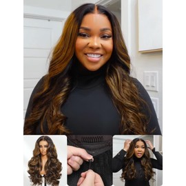 Nadula Bye Bye Knots Glueless Balayage Brown Body Wave Human Hair Wig Highlight Ombre 7x5 Pre Cut HD Lace Front Wig Pre-Plucked, Bleached Knots, Ready to Go for Daily Wear 20 inch