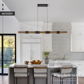 CaraLuxe 52in LED Linear Pendant Light Dimmable Black Kitchen Island Light Walnut Wood Hanging Pendant Light with Remote Control Modern Linear Chandelier for Dining Room Home Office Study Room