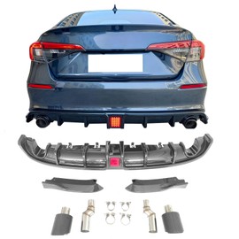 IKON MOTORSPORTS Rear Diffuser W/LED Brack Light+Dual Exhaust Tip, Compatible with 2022-2024 Honda Civic EX/Touring/Si Sedan, IKON Style Carbon Fiber Print PP Shark Fin Rear Bumper Valance Spoiler 3PC