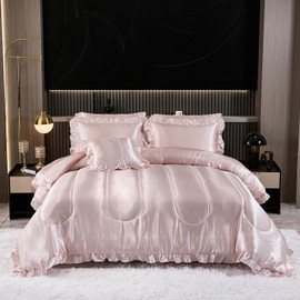 Luxury Silky Comforter Set with Sheet Set King 8 Pieces Light Pink Bedding Set Silk Like Satin Ruffle Pattern Home Deocr Sexy Hotel Silky Bed Set with 1 Cushion Cover