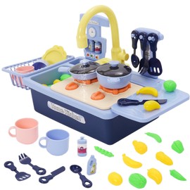 Kid Kitchen Play Sink Toy Set Kids Play Sink with Running Water,Cookware Pot and Pan,Playing Food,Dishes Accessories Pretend Play Wash-up Sets with Running Water