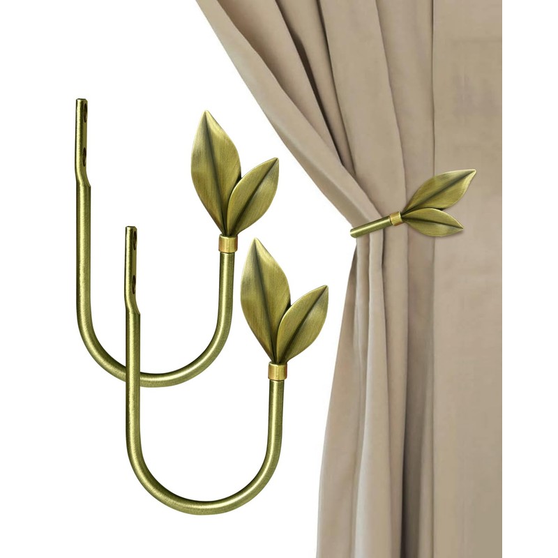 Antique Brass Curtain Holdbacks 2 Pack, Metal Olive Leaf Tiebacks