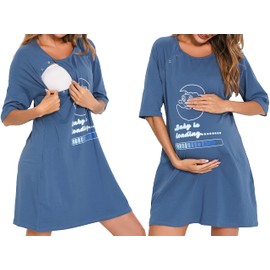 Vlazom Women 3 in 1 Cotton Nursing/Delivery/Labor/Maternity Nightgown Half Sleeve Breastfeeding Sleep Dress Hospital Gown Sleepwear, Dark Blue, XL
