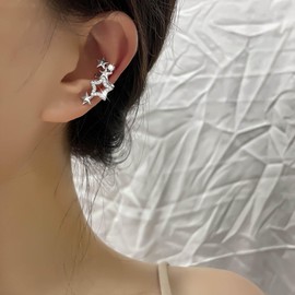 Jugielu Vintage Crystal Cartilage Ear Cuff Earrings Silver CZ Star Cuff Wrap Earrings Hollow Star Ear Climber Earrings Non Piercing Star Clip Earrings Jewelry for Women