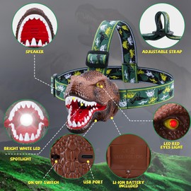 Nitigo Dinosaur Headlamp for Kids Flashlight Rechargeable Led Headlights Roar & Silent Mode, T-Rex Dinosaur Toys, Camping Gear, Gifts for Boys Girls Adults